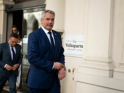 Austrian Chancellor and head of Peoples Party (OeVP) Karl Nehammer arrives to give a press statement after the general elections, in Vienna, Austria, October 1, 2024. REUTERS/Elisabeth Mandl