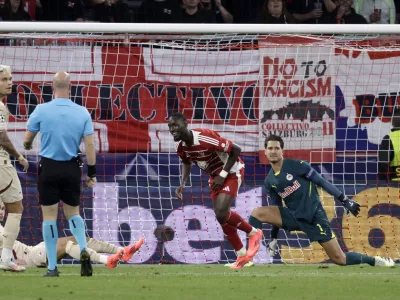 Soccer Football - Champions League - FC Salzburg v Brest - Red Bull Arena Salzburg, Salzburg, Austria - October 1, 2024 Brest's Abdallah Sima celebrates scoring their first goal REUTERS/Leonhard Foeger