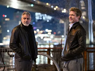 NEW YORK, NEW YORK - FEBRUARY 14: George Clooney and Brad Pitt are seen on the set of "Wolves" at the South Street Seaport on February 14, 2023 in New York City. (Photo by James Devaney/GC Images)