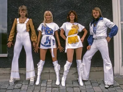 ﻿Members of the Swedish group Abba pose in their stage clothes at an undisclosed location in 1975. London now has an exhibition dedicated to the group, Abbaworld at Earl's Court. Photographer: Bengt H Malmqvist/LD Communications via BloombergEDITOR'S NOTE: NO SALES. EDITORIAL USE ONLY.