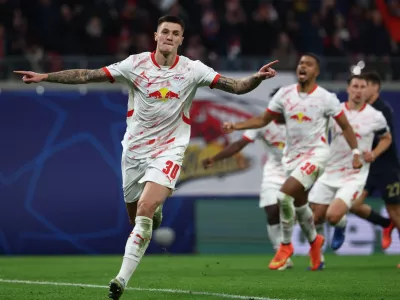 02 October 2024, Saxony, Leipzig: Leipzig's Benjamin Sesko celebrates scoring his side's second goal during the UEFA Champions League soccer match between RB Leipzig and Juventus at the Red Bull Arena. Photo: Jan Woitas/dpa