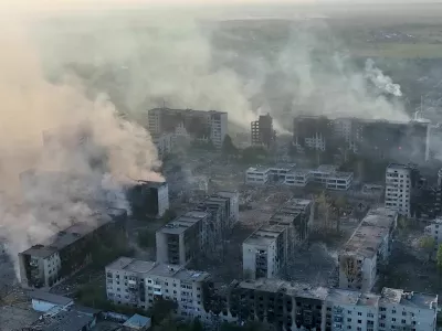 A drone view shows damaged property, amid Russia's attack on Ukraine, in Vovchansk, Kharkiv region, Ukraine, in this screen grab from handout video released on June 2, 2024. United Assault Brigade of the National Police of Ukraine "Lyut"/Handout via REUTERS  THIS IMAGE HAS BEEN SUPPLIED BY A THIRD PARTY. MANDATORY CREDIT. DO NOT OBSCURE LOGO.