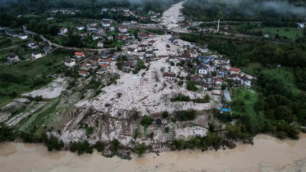 A drone view shows a flooded residential area in Donja Jablanica, Bosnia and Herzegovina, October 5, 2024.REUTERS/Marko Djurica