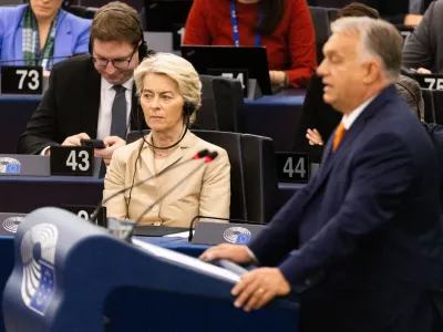 09 October 2024, France, Strassburg: Ursula von der Leyen (L), President of the European Commission, sits in the plenary chamber and listens to Viktor Orban (R), Prime Minister of Hungary as he speaks. At the beginning of the third day of the session, Orban will present the work of the Hungarian EU Council Presidency. Photo: Philipp von Ditfurth//dpa