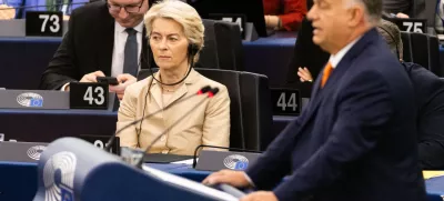 09 October 2024, France, Strassburg: Ursula von der Leyen (L), President of the European Commission, sits in the plenary chamber and listens to Viktor Orban (R), Prime Minister of Hungary as he speaks. At the beginning of the third day of the session, Orban will present the work of the Hungarian EU Council Presidency. Photo: Philipp von Ditfurth//dpa