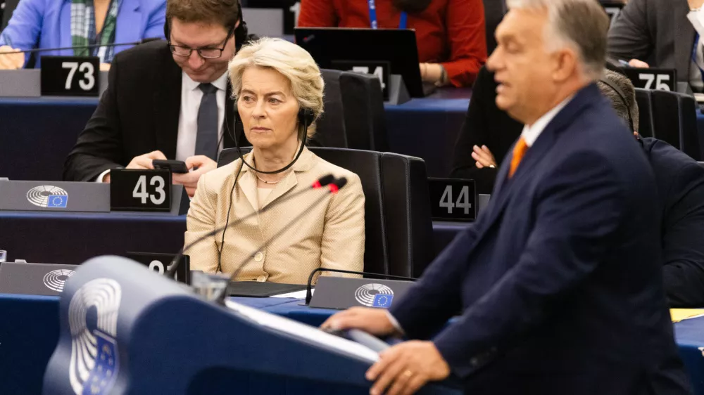 09 October 2024, France, Strassburg: Ursula von der Leyen (L), President of the European Commission, sits in the plenary chamber and listens to Viktor Orban (R), Prime Minister of Hungary as he speaks. At the beginning of the third day of the session, Orban will present the work of the Hungarian EU Council Presidency. Photo: Philipp von Ditfurth//dpa