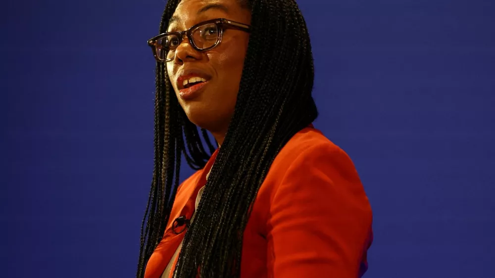 FILE PHOTO: Britain's Business and Trade Secretary Kemi Badenoch speaks during her press conference at the Manufacturing Technology Centre in Coventry, Britain, March 18, 2024. REUTERS/Carl Recine/Pool/File Photo