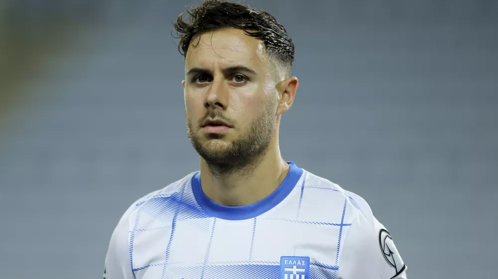 FILE - Greece's George Baldock stands on the pitch before the Euro 2024 group B qualifying soccer match between Gibraltar and Greece at the Algarve stadium outside Faro, Portugal, Friday, March 24, 2023. Former Greece international and Panathinaikos defender George Baldock, who had previously played for Sheffield United, has been found dead in his Athens home, Greek media reported.(AP Photo/Joao Matos, File)