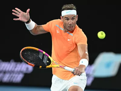 Rafael Nadal of Spain in action against Mackenzie McDonald of the USA during the 2023 Australian Open tennis tournament at Melbourne Park in Melbourne, Wednesday, January 18, 2023. (AAP Image/James Ross) NO ARCHIVING, EDITORIAL USE ONLY