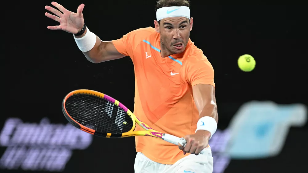 Rafael Nadal of Spain in action against Mackenzie McDonald of the USA during the 2023 Australian Open tennis tournament at Melbourne Park in Melbourne, Wednesday, January 18, 2023. (AAP Image/James Ross) NO ARCHIVING, EDITORIAL USE ONLY