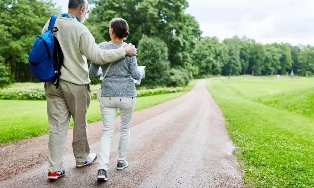 ﻿Affectionate retired backpackers moving down country road / Foto: Shironosov