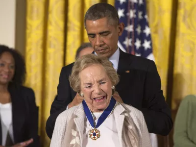 FILE - President Barack Obama awards Ethel Kennedy the Presidential Medal of Freedom, Monday, Nov. 24, 2014, during a ceremony in the East Room of the White House in Washington. (AP Photo/Jacquelyn Martin, File)