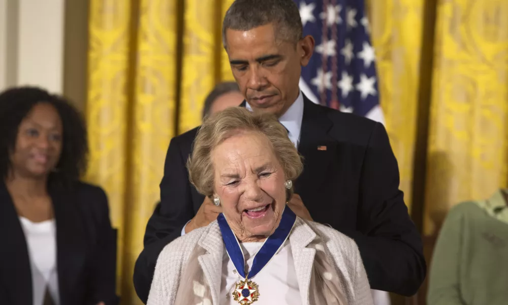 FILE - President Barack Obama awards Ethel Kennedy the Presidential Medal of Freedom, Monday, Nov. 24, 2014, during a ceremony in the East Room of the White House in Washington. (AP Photo/Jacquelyn Martin, File)