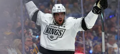 Oct 10, 2024; Buffalo, New York, USA; Los Angeles Kings center Anze Kopitar (11) reacts after scoring a goal during the third period against the Buffalo Sabres at KeyBank Center. Mandatory Credit: Timothy T. Ludwig-Imagn Images