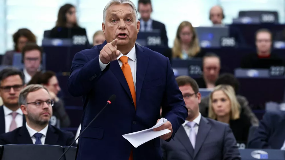 Hungary's Prime Minister Viktor Orban gestures as he gives a speech at the European Parliament, in Strasbourg, France October 9, 2024. REUTERS/Yves Herman