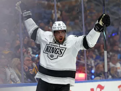 Oct 10, 2024; Buffalo, New York, USA; Los Angeles Kings center Anze Kopitar (11) reacts after scoring a goal during the third period against the Buffalo Sabres at KeyBank Center. Mandatory Credit: Timothy T. Ludwig-Imagn Images