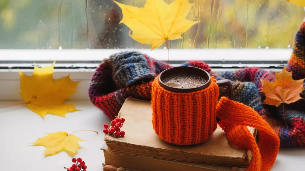 A cup of hot coffee in a knitted cover on the windowsill, old books, yellow maple leaves and a knitted scarf. Rainy autumn window