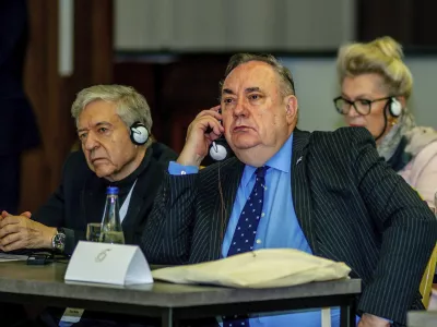 Image issued by the Academy for Cultural Diplomacy of Alex Salmond attending the the Ohrid Forum on Cultural Diplomacy in Ohrid, North Macedonia on Friday Oct. 11, 2024. (Academy for Cultural Diplomacy via AP)