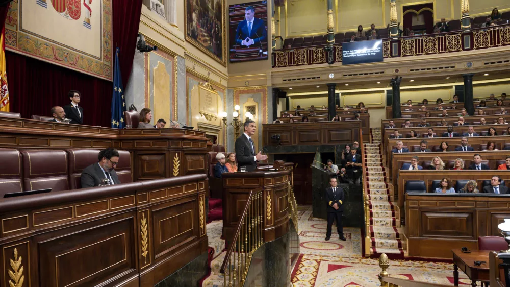 Spanish prime minister Pedro Sanchez seen speaking at the Spanish Congress of Deputies. The government control session has been urgently called by the opposition parties to review and discuss the government's actions regarding the migration crisis.