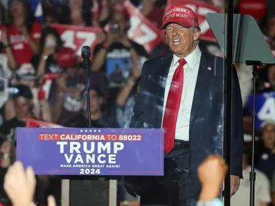 Republican presidential nominee and former U.S. President Donald Trump speaks during a rally in Coachella, California, U.S., October 12, 2024. REUTERS/Mike Blake