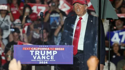 Republican presidential nominee and former U.S. President Donald Trump speaks during a rally in Coachella, California, U.S., October 12, 2024. REUTERS/Mike Blake