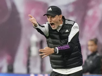 FILE - Bayern's head coach Thomas Tuchel reacts during the German Bundesliga soccer match between Leipzig and Bayern Munich, at the Red Bull Arena stadium in Leipzig, Germany, Saturday, Sept. 30, 2023. (AP Photo/Matthias Schrader, File)