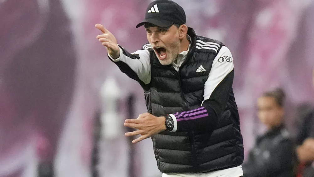 FILE - Bayern's head coach Thomas Tuchel reacts during the German Bundesliga soccer match between Leipzig and Bayern Munich, at the Red Bull Arena stadium in Leipzig, Germany, Saturday, Sept. 30, 2023. (AP Photo/Matthias Schrader, File)