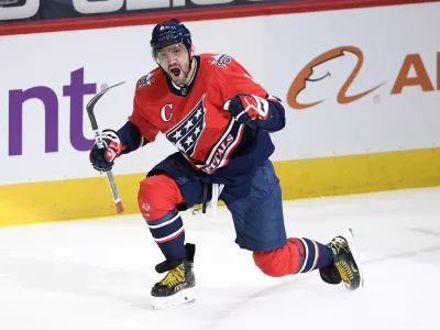 ﻿Washington Capitals left wing Alex Ovechkin celebrates his goal during the second period of the team's NHL hockey game against the New York Islanders, Tuesday, March 16, 2021, in Washington. This was Ovechkin's 718th career NHL goal, moving him to sixth on the career list. (AP Photo/Nick Wass)