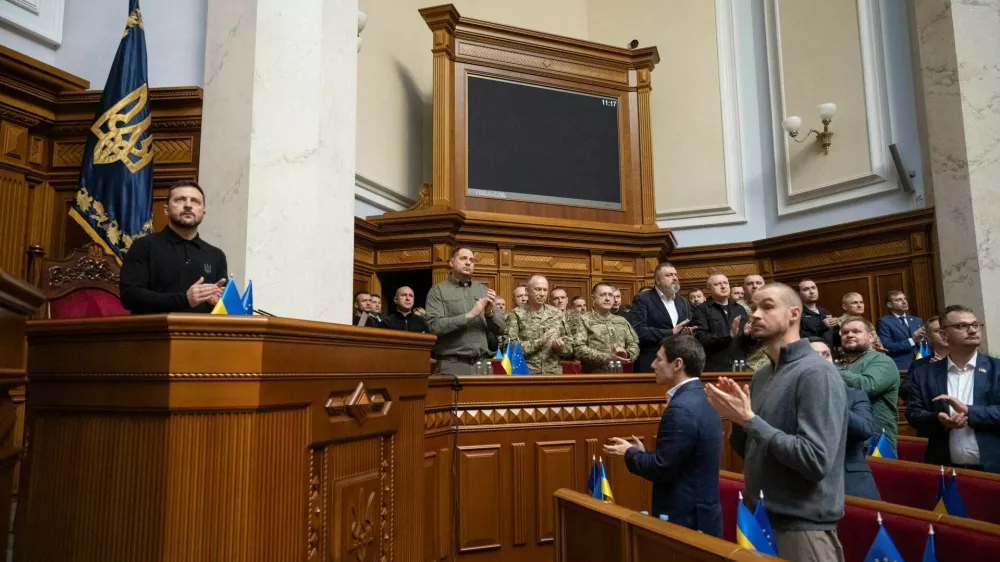 Ukraine's President Volodymyr Zelenskiy attends a parliament session, amid Russia's attack on Ukraine, in Kyiv, Ukraine October 16, 2024. REUTERS/Andrii Nesterenko