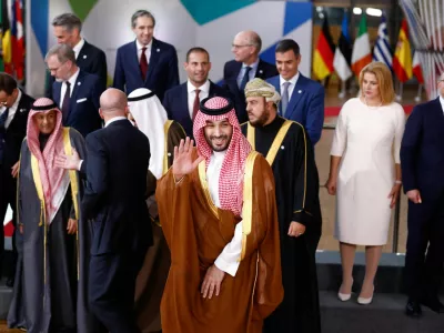 Saudi Arabia Crown Prince and Prime Minister Mohammed bin Salman bin Abdulaziz Al Saud gestures during the joint European Union and the Gulf Cooperation Council (GCC) summit, in Brussels, Belgium October 16, 2024. REUTERS/Johanna Geron