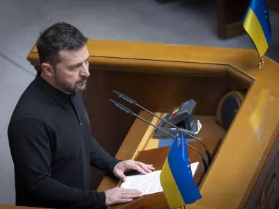 In this photo provided by the Press Service Of The President Of Ukraine on Oct. 16, 2024, Ukraine's President Volodymyr Zelenskyy speaks to parliamentarians at Verkhovna Rada in Kyiv, Ukraine. (Press Service Of The President Of Ukraine via AP)