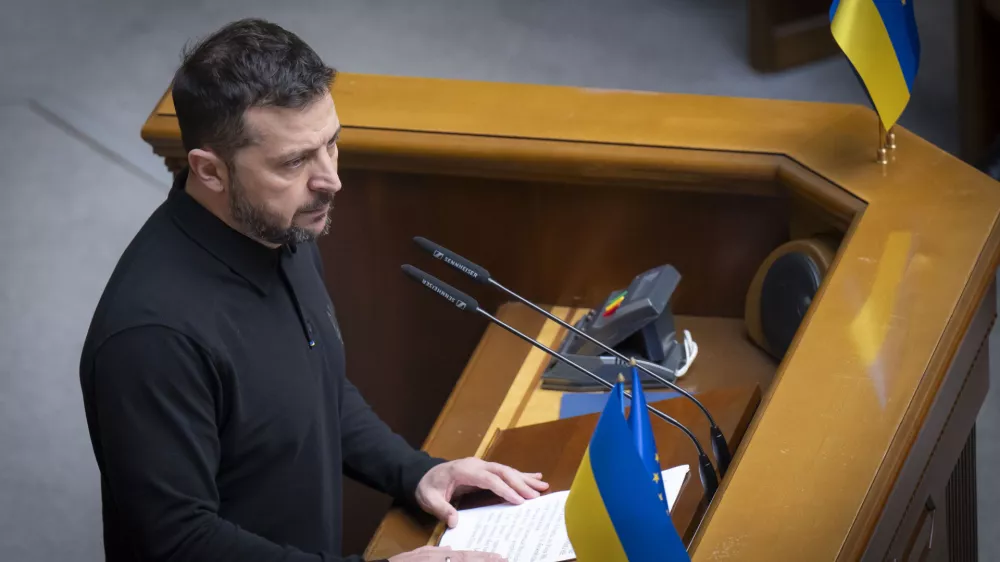 In this photo provided by the Press Service Of The President Of Ukraine on Oct. 16, 2024, Ukraine's President Volodymyr Zelenskyy speaks to parliamentarians at Verkhovna Rada in Kyiv, Ukraine. (Press Service Of The President Of Ukraine via AP)