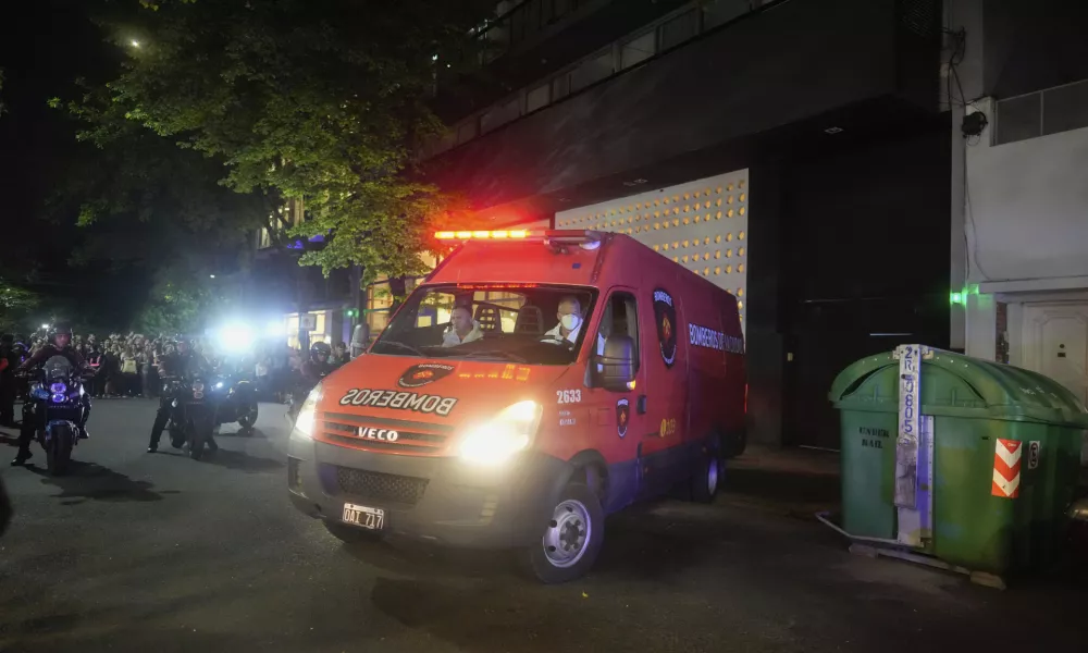 An ambulance carrying the body former One Direction singer Liam Payne leaves the hotel where he was found dead after falling from a balcony in Buenos Aires, Argentina, Wednesday, Oct. 16, 2024. (AP Photo/Natacha Pisarenko)