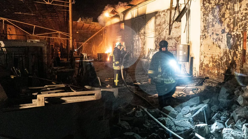 Rescuers work at the site of a Russian drone attack, amid Russia's attack on Ukraine, in Ternopil region, Ukraine October 16, 2024. Press service of the State Emergency Service of Ukraine/Handout via REUTERS ATTENTION EDITORS - THIS IMAGE HAS BEEN SUPPLIED BY A THIRD PARTY. MANDATORY CREDIT.