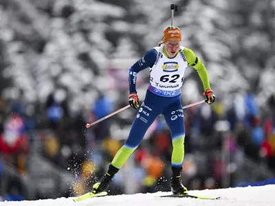 Slovenia's Anamarija Lampic competes in a women's 7.5 km sprint race, at the IBU Biathlon World Cup, in Lenzerheide, Switzerland, Thursday, Dec. 14, 2023. (Gian Ehrenzeller/Keystone via AP)