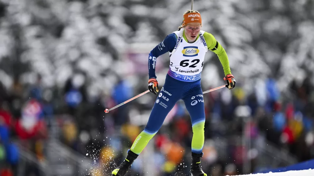 Slovenia's Anamarija Lampic competes in a women's 7.5 km sprint race, at the IBU Biathlon World Cup, in Lenzerheide, Switzerland, Thursday, Dec. 14, 2023. (Gian Ehrenzeller/Keystone via AP)