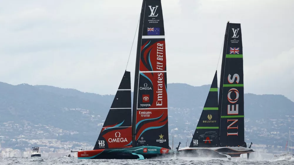 Sailing - 37th America's Cup - New Zealand v Britain - Barcelona, Spain - October 18, 2024 Emirates Team New Zealand and INEOS Britannia in action during race eight REUTERS/Albert Gea