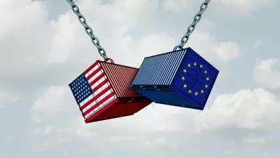 Europe USA trade war and American tariffs as two opposing cargo freight containers in European Union economic conflict as a dispute over import and exports as a 3D illustration. / Foto: Wildpixel