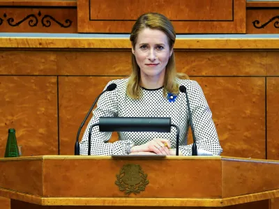 Re-elected Estonian Prime Minister Kaja Kallas speaks during a parliamentary session in Tallinn, Estonia April 12, 2023. REUTERS/Janis Laizans