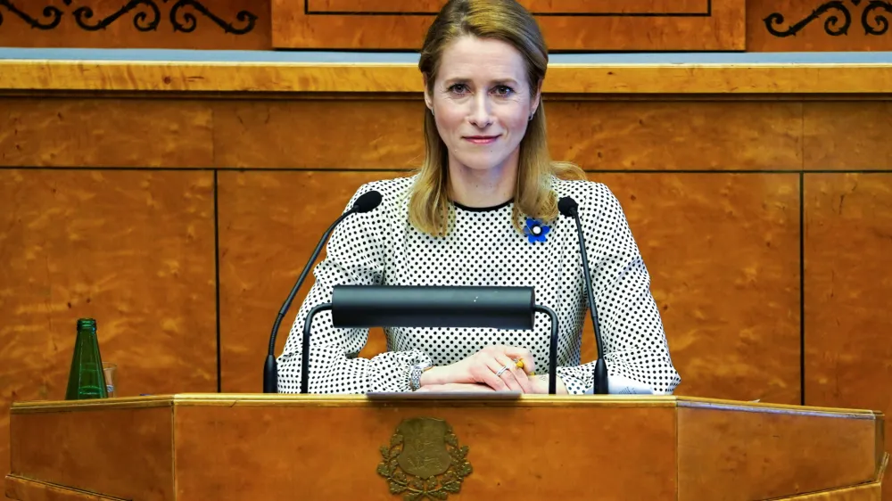 Re-elected Estonian Prime Minister Kaja Kallas speaks during a parliamentary session in Tallinn, Estonia April 12, 2023. REUTERS/Janis Laizans