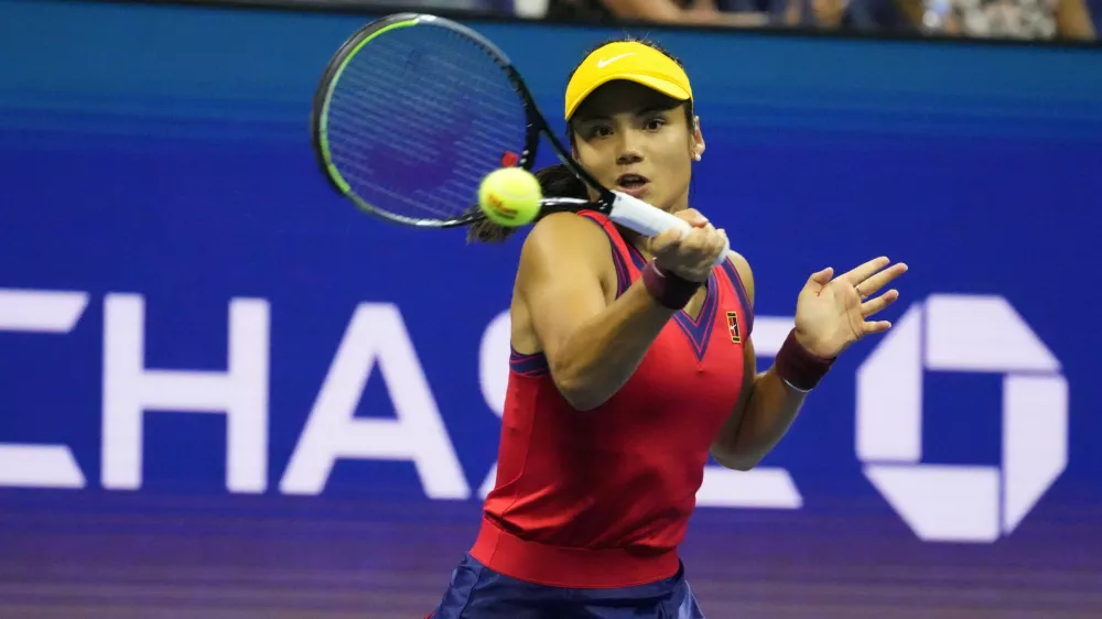 ﻿Sep 9, 2021; Flushing, NY, USA; Emma Raducanu of Great Britain hits a forehand against Maria Sakkari of Greece (not pictured)on day eleven of the 2021 U.S. Open tennis tournament at USTA Billie Jean King National Tennis Center. Mandatory Credit: Robert Deutsch-USA TODAY Sports