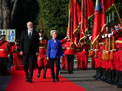 European Commission President Ursula von der Leyen meets with Albania's Prime Minister Edi Rama, during her visit in Albania as part of her Western Balkan tour, in Tirana, Albania, October 23, 2024. REUTERS/Florion Goga