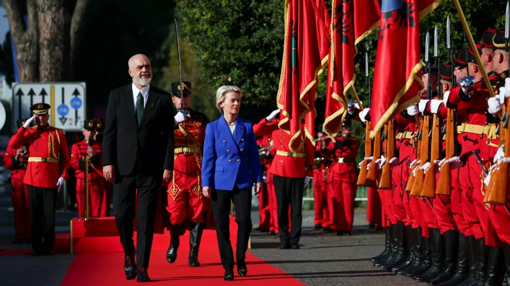 European Commission President Ursula von der Leyen meets with Albania's Prime Minister Edi Rama, during her visit in Albania as part of her Western Balkan tour, in Tirana, Albania, October 23, 2024. REUTERS/Florion Goga