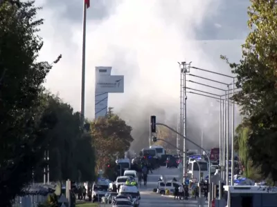 Smoke rises from the headquarters of Turkey's aviation company TUSAS, where three people were killed and five others wounded in an attack, near Kahramankazan, a town of Turkish capital Ankara, October 23, 2024. IHA (Ihlas News Agency) via REUTERS ATTENTION EDITORS - THIS IMAGE HAS BEEN SUPPLIED BY A THIRD PARTY. NO RESALES. NO ARCHIVES. TURKEY OUT. NO COMMERCIAL OR EDITORIAL SALES IN TURKEY. TPX IMAGES OF THE DAY.