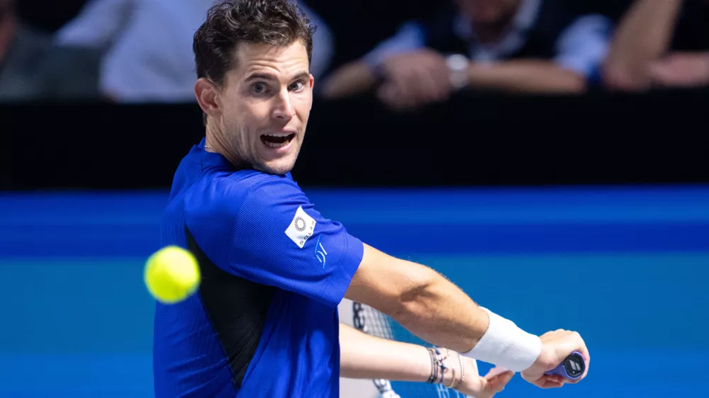 22 October 2024, Austria, Vienna: Austrian tennis player Dominic Thiem in action against Italy's Luciano Darderi, during their men's singles round of 32 tennis match of the Vienna Open tennis tournament. Photo: Georg Hochmuth/APA/dpa