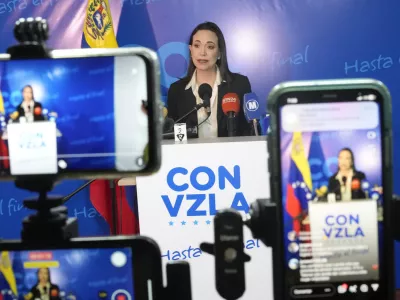 FILE - Opposition presidential hopeful Maria Corina Machado gives a press conference at her campaign headquarters in Caracas, Venezuela, Dec. 15, 2023. (AP Photo/Matias Delacroix, File)