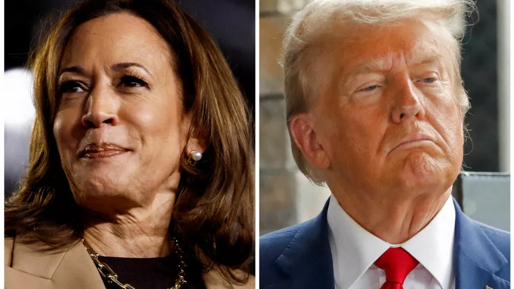 FILE PHOTO: Democratic Vice President Kamala Harris and Republican opponent former U.S. President Donald Trump are seen in a combination of file photographs taken in Chandler, Arizona, U.S., October 10, 2024 and in Evans, Georgia, U.S., October 4, 2024. REUTERS/Evelyn Hockstein and Octavio Jones/File Photo