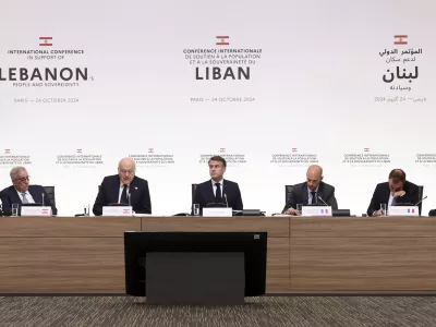 France's President Emmanuel Macron, center, Lebanon's Prime Minister caretaker Prime Minister Najib Mikati, second left, Lebanon's Foreign Affairs Minister Abdallah Bou Habib, left, France's Foreign Affairs Minister Jean-Noel Barrot, second right, and France's Defense Minister Sebastien Lecornu, right, attend an international conference for Lebanon in Paris, Thursday, Oct.24, 2024. (Alain Jocard, Pool via AP)