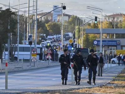 Emergency and security teams are deployed outside of Turkish Aerospace Industries Inc. at the outskirts of Ankara, Turkey, Wednesday, Oct. 23, 2024. (AP Photo)