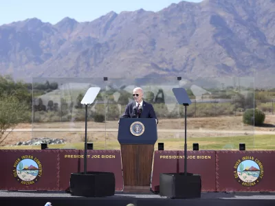 President Joe Biden speaks at the Gila Crossing Community School, Friday, Oct. 25, 2024, in Laveen, Ariz. (AP Photo/Rick Scuteri)